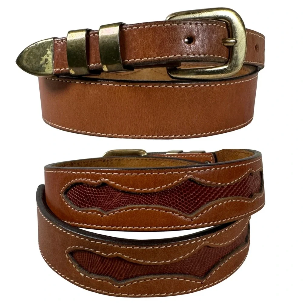 Leegin Vintage Brown Leather Western‎ Belt 32 Brass Buckle Lizard Inlay 1113